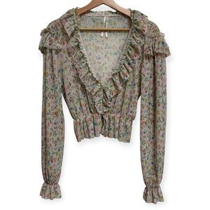 Anthropologie Long Sleeve Ruffle Mesh Floral Blouse